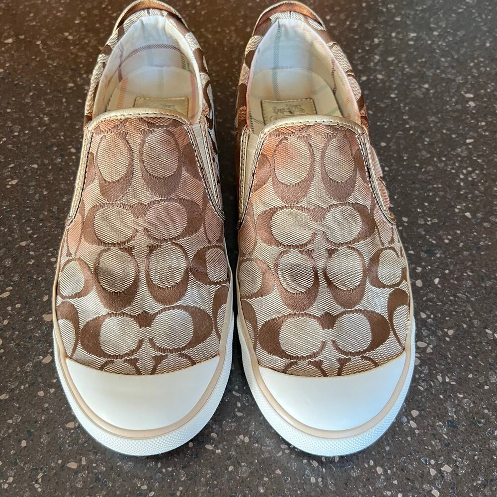 Coach Beale Signature Mongram Canvas Metallic Leather Slip-on Shoes (W Size 8.5)